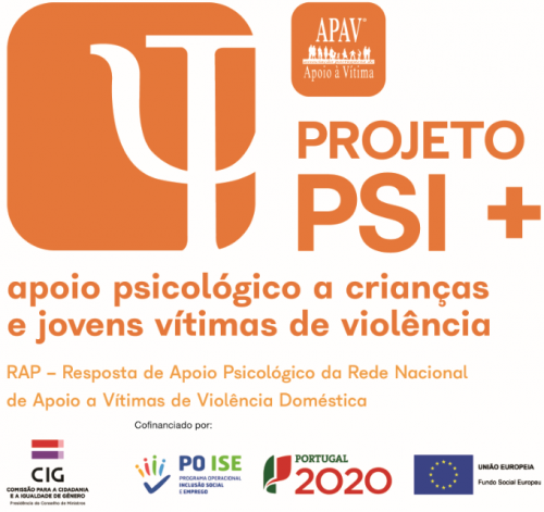 Logótipo Projeto PSI+ - apoio psicológico a crianças e jovens vítimas de violência. Cofinanciado por: CIG, POISE, Portugal2020 e União Europeia